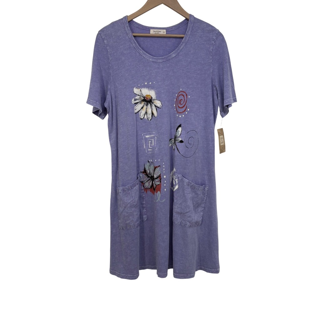 Jess & Jane Mineral Washed Floral Dragonfly Tunic Dress M Pockets Artsy Whimsy